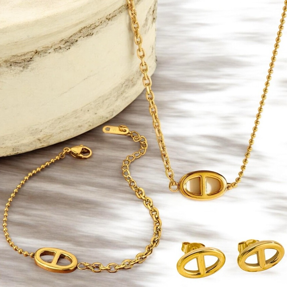 Gold Pig Nose Necklace Earrings Bracelet Set Gold Plated